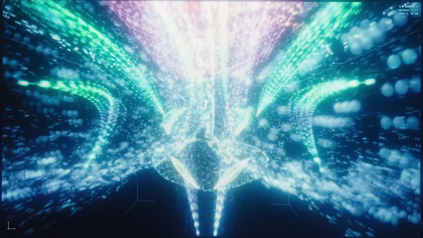 A futuristic animated brain scan visualizes neural activity through glowing, colorful particles and data analysis on a digital interface