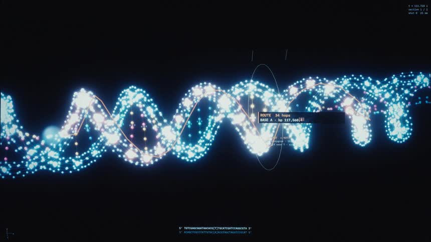 Close up of a digital DNA strand being analyzed by futuristic scientific software