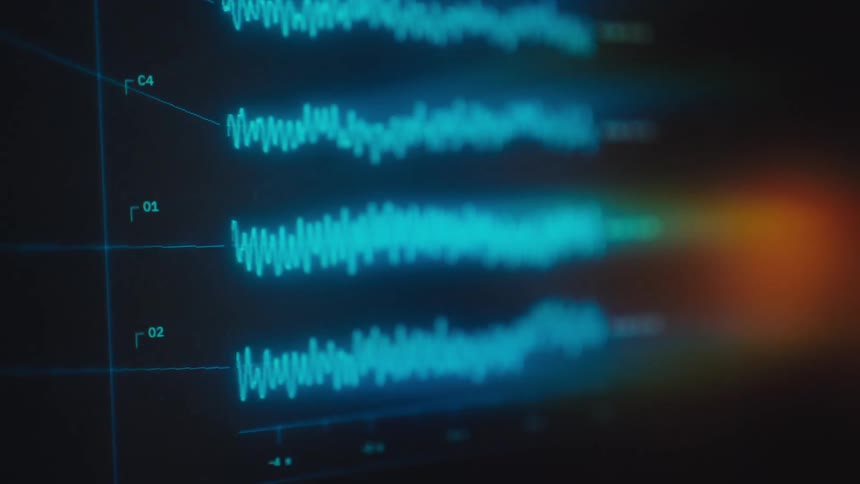 Close up on a futuristic medical interface displaying live recording of a patient's vital signs and brainwave analysis