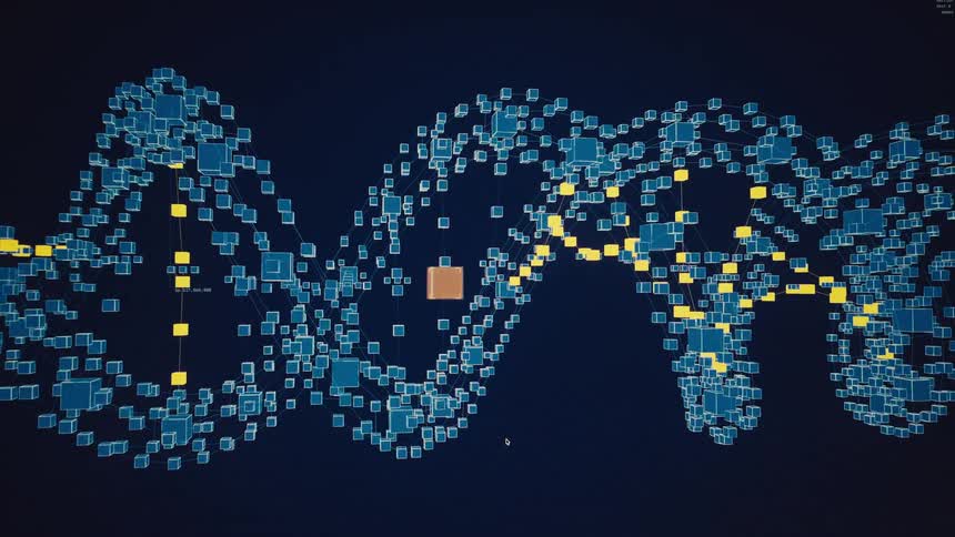 A futuristic computer interface analyzes a specific segment of a digital DNA strand composed of interconnected data blocks