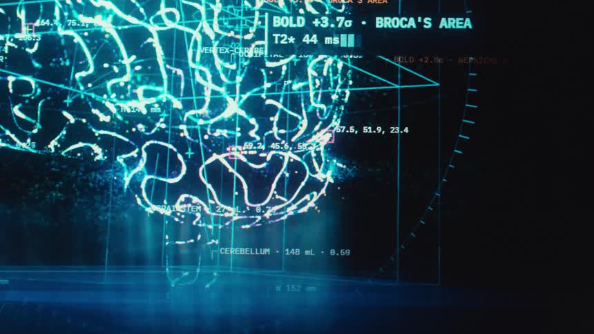 A futuristic digital interface displays a detailed neurological scan of a human brain with real-time data analysis