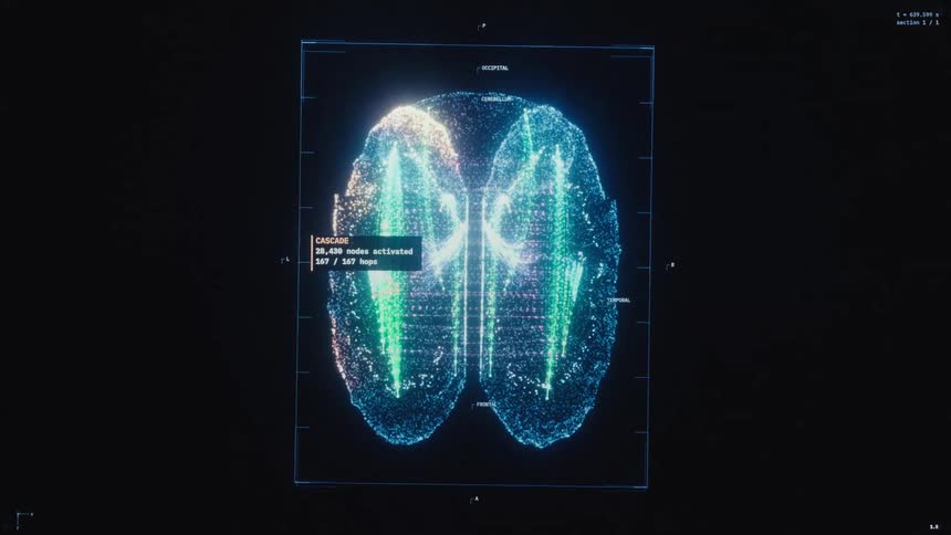 A futuristic holographic interface displays a 3D digital model of a human brain, visualizing neural network activity and data analysis