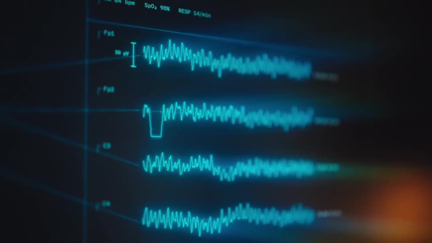Close-up of a futuristic medical monitor displaying vibrant EEG brainwave data and vital signs