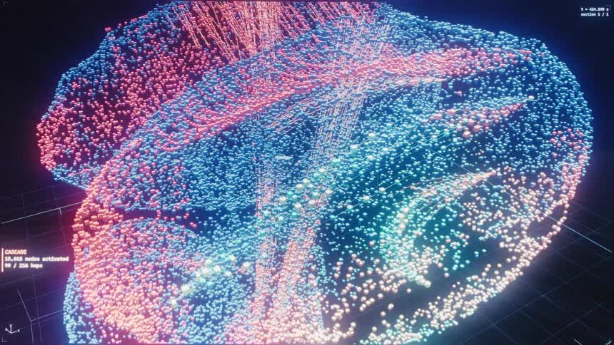 Advanced neuroimaging displays a rotating 3D particle simulation of brain activity and data processing