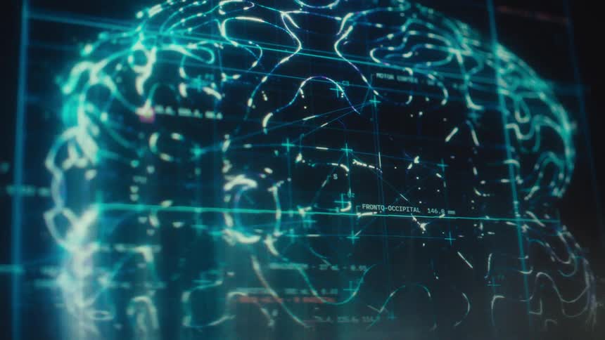 A detailed digital visualization of neural activity and brain mapping on a futuristic, glowing interface