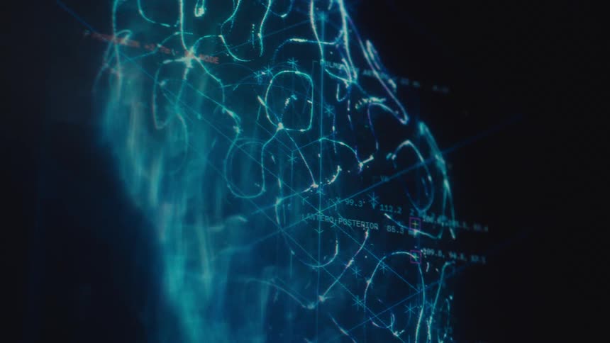 A high-tech medical screen displays a detailed, glowing blue neurological map with shifting data points