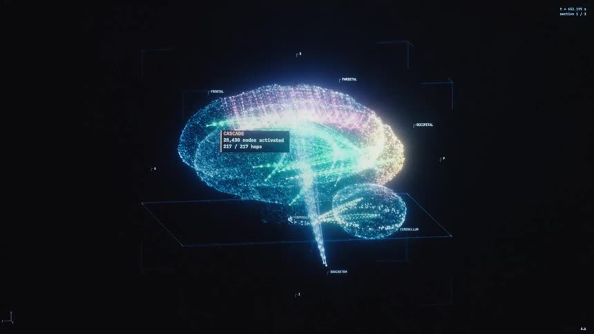 An advanced digital interface shows a vibrant 3D visualization of a human brain scan, with glowing particles representing neural activity and pathways
