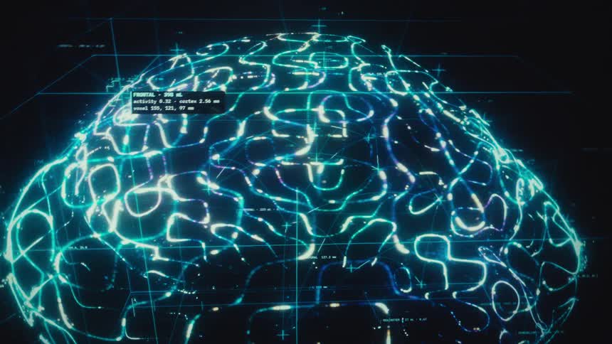 A glowing digital animation of a futuristic brain scan shows complex data analysis and neural activity