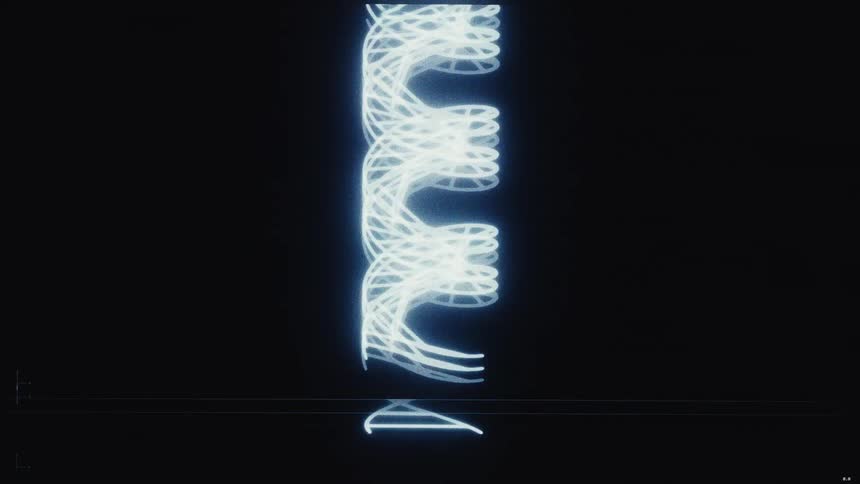 Futuristic animation of glowing blue particles forming a DNA helix and other abstract geometric patterns on a black background