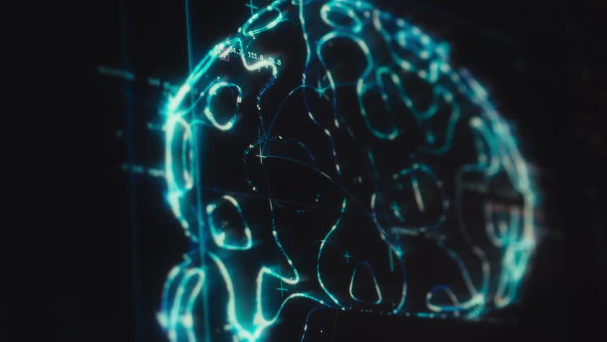 Close-up of a high-tech screen displaying a detailed neurological scan and analysis of a human brain
