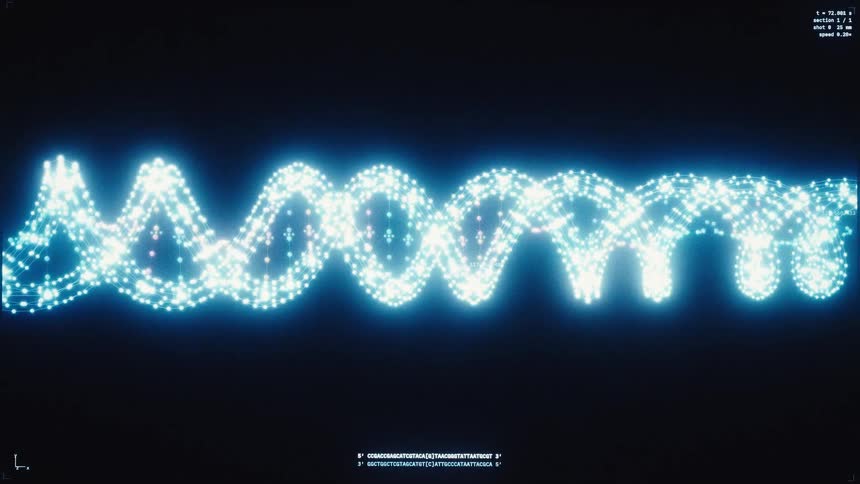 A futuristic digital interface scans and analyzes a glowing blue DNA double helix strand against a black background