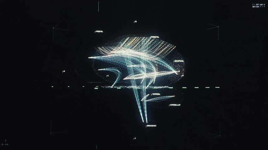 A futuristic holographic display shows a 3D data visualization of the human brain's neural pathways