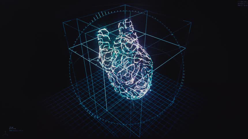Advanced medical technology performs a diagnostic scan on a glowing, digital representation of a human heart