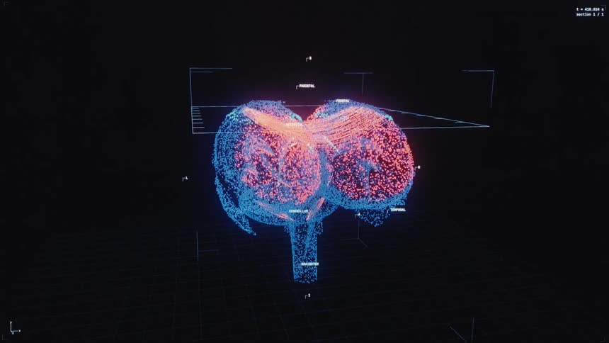 Futuristic 3D visualization of a human brain scan reveals intricate neural pathways and activity through a glowing particle animation with data overlays