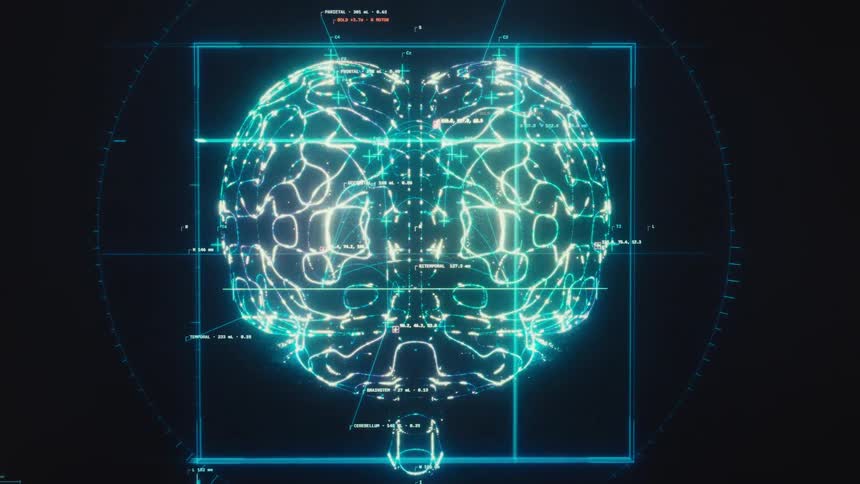 A futuristic heads-up display shows a detailed digital scan of a human brain, analyzing its neural pathways and activity
