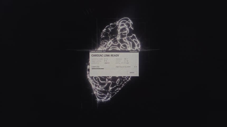 A futuristic digital interface activates a cardiac link over a glowing, animated human heart