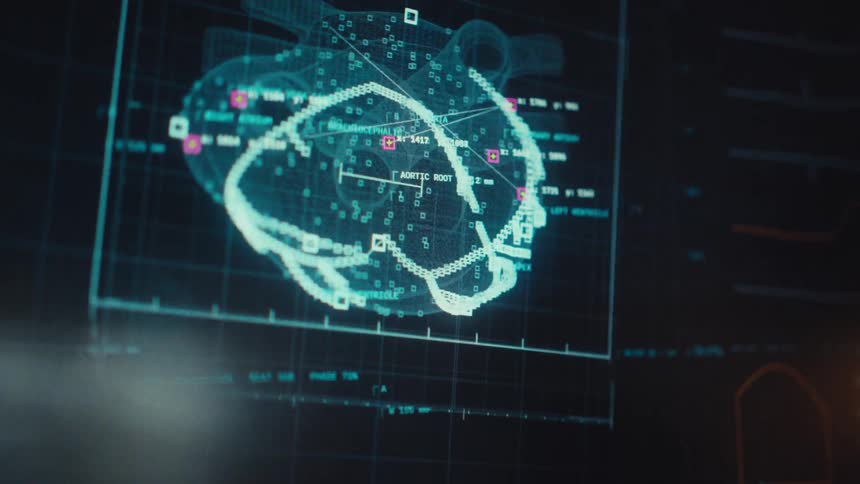 Advanced medical software analyzes a digital 3D model of a human heart, displaying complex data and measurements on a futuristic interface