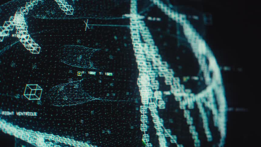 A detailed digital wireframe model of a human heart pulses and glitches on a futuristic medical display