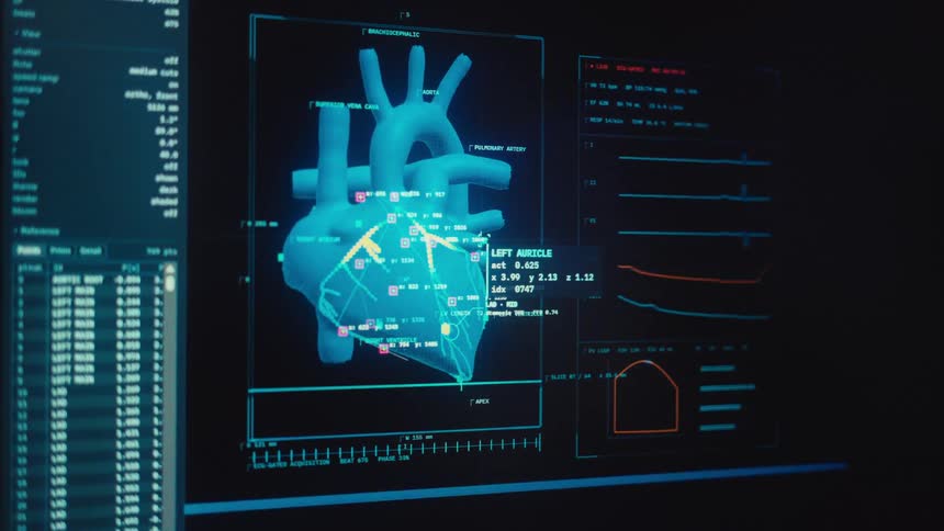 A futuristic medical interface displays a holographic 3D model of a human heart, analyzing its functions with glitches and data readouts