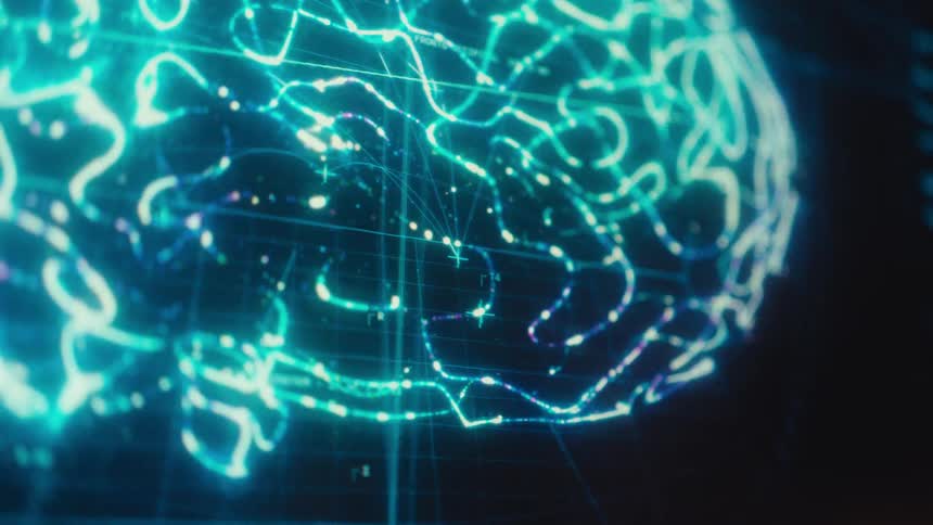 A close-up of a futuristic digital interface showing a glowing blue brain scan with complex neural network data and analysis