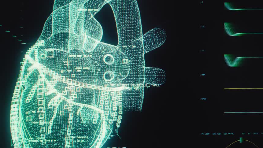 A futuristic medical interface displays a digital holographic rendering of a human heart alongside real-time vital sign data