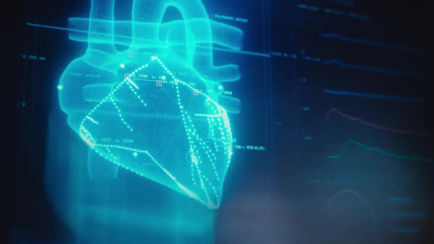 A futuristic medical interface displays a rotating 3D model of a human heart with real-time diagnostic data