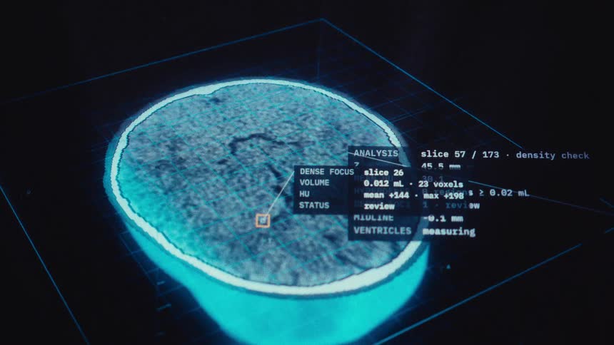 A futuristic medical interface displays a detailed CT scan of a human brain with data points and analysis appearing on screen