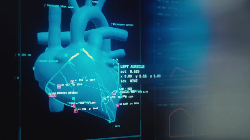 A futuristic medical interface displays an animated 3D model of a human heart with running diagnostics and data