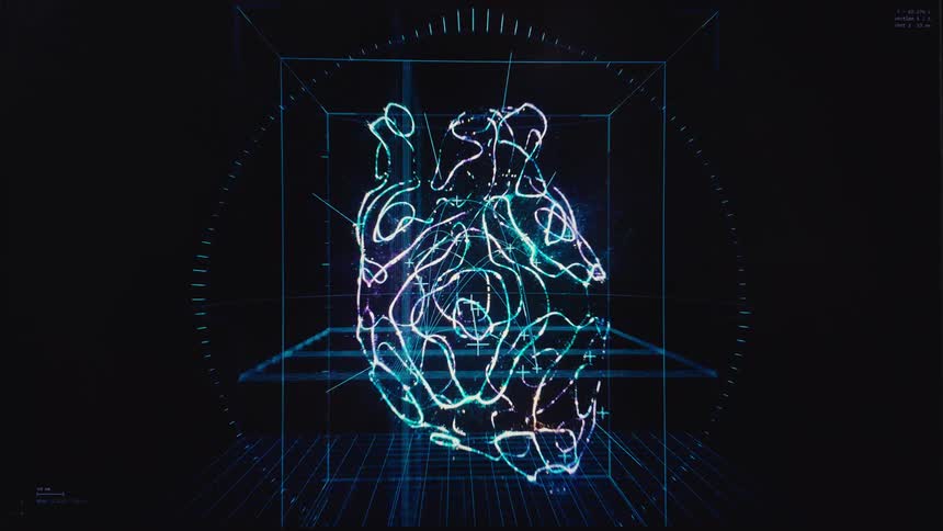A futuristic medical interface displays a 3D digital rendering of a human heart, analyzing data and diagnosing an arrhythmia for treatment