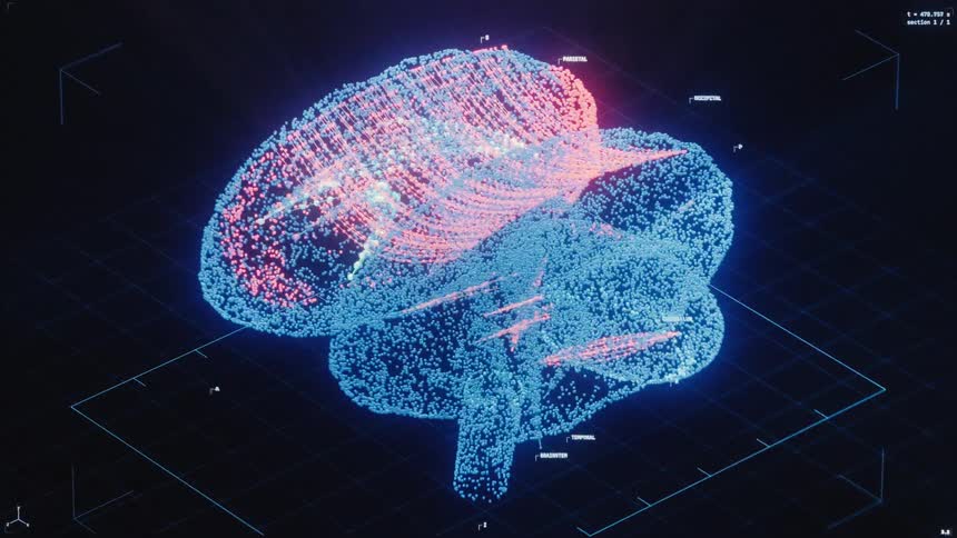 Futuristic digital interface displays a detailed 3D analysis of a human brain scan with neural activity