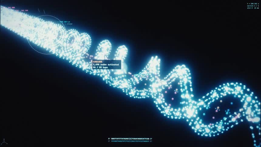 Close-up animation of a scientific user interface scanning and analyzing a blue, glowing DNA molecule