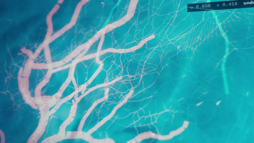 A close-up of a computer screen showing a detailed 3D medical scan of the brain's vascular network with data analysis overlays