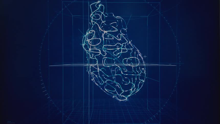 A futuristic medical interface displays a detailed 3D holographic analysis of a human heart, identifying and diagnosing a case of coronary stenosis