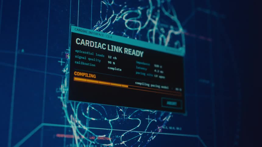 A futuristic medical interface displays a wireframe heart model and activates a cardiac link after running a system diagnostic