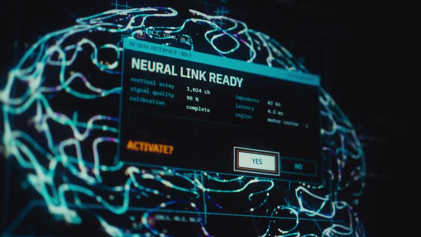 Close-up of a futuristic computer screen displaying a neural link interface being activated over a glowing brain scan
