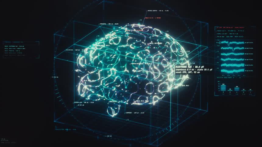 A high-tech digital interface displays a glowing, rotating 3D model of a human brain with real-time data analysis
