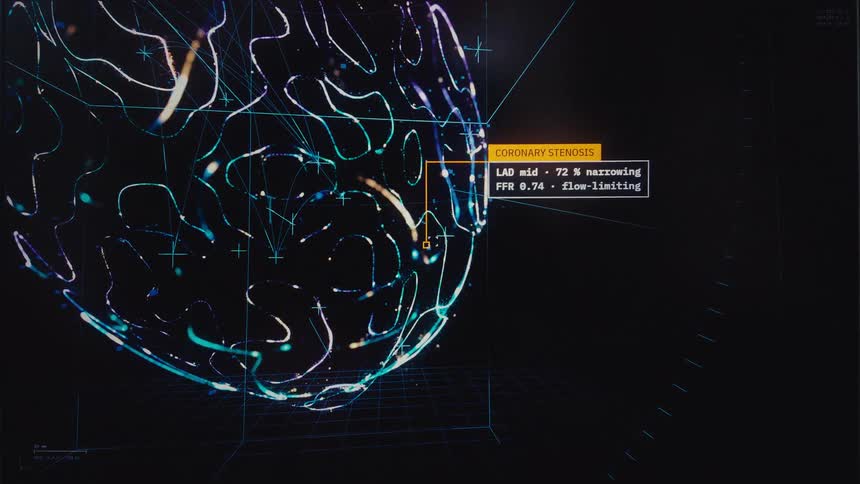 Advanced medical software performs a comprehensive diagnostic scan on a 3D digital human heart, identifying multiple health issues