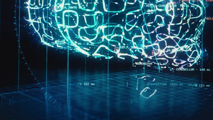 Close-up on a futuristic, glowing digital human brain scan with glitching data readouts and analysis