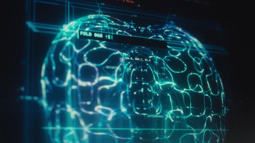 A detailed close-up of a futuristic, glowing digital brain scan undergoing complex data analysis on a computer screen