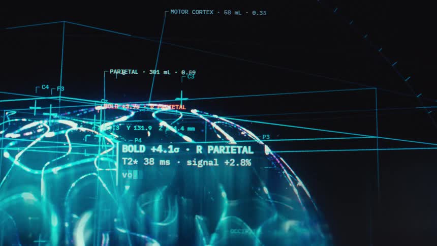 Futuristic heads-up display shows a detailed digital analysis and scan of a glowing human brain with data readouts