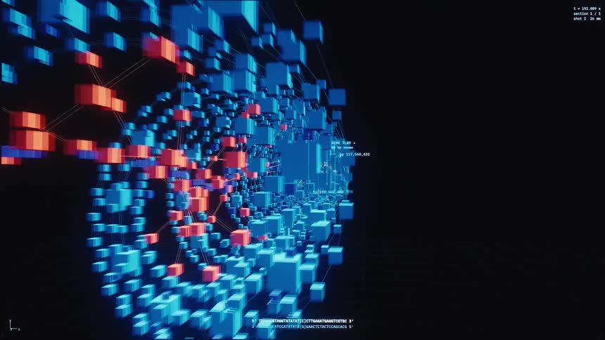 An abstract animation flies through a futuristic digital tunnel of interconnected blue and red data blocks