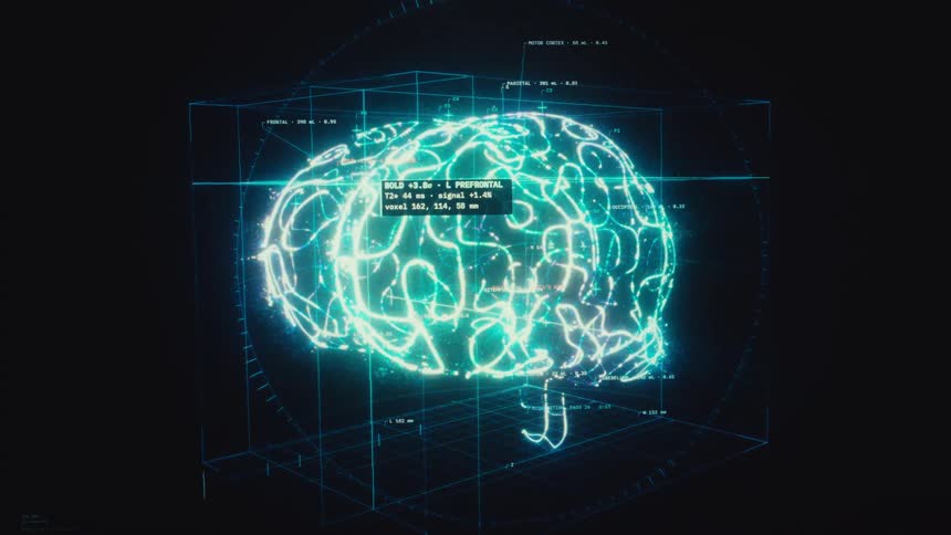 A futuristic holographic display shows a detailed scientific analysis and scan of a glowing digital human brain