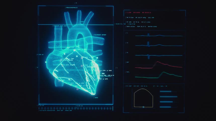 A futuristic holographic user interface displays a 3D model of a human heart with real-time EKG and vital signs data