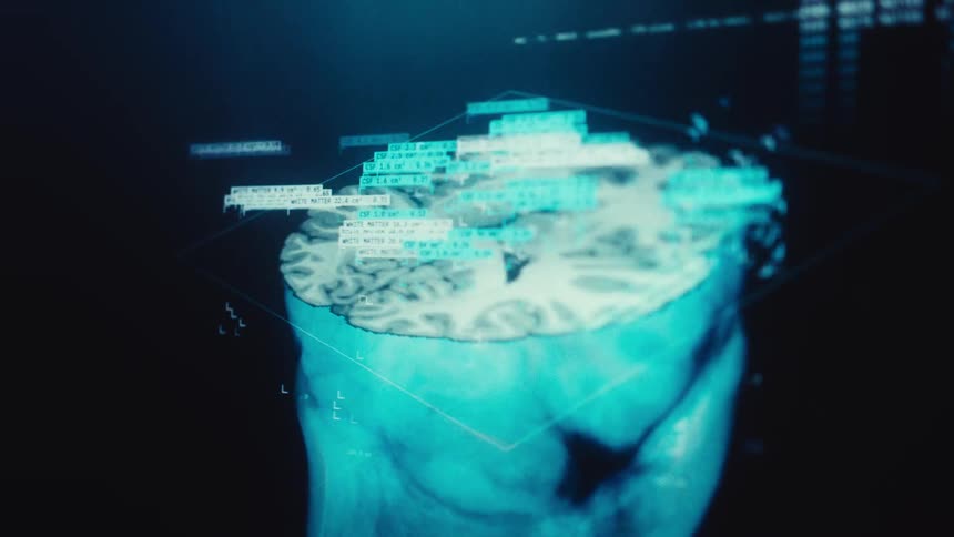 A futuristic medical interface displays a detailed 3D MRI scan of a human brain with holographic data analysis