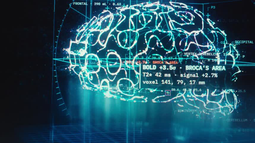 A futuristic holographic brain scan displays real-time neurological data and analysis on a digital interface