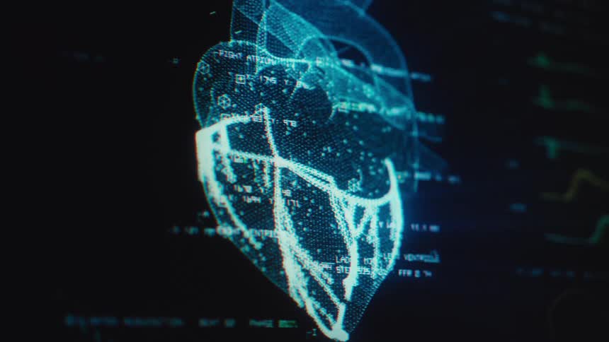 A futuristic medical display shows a glowing blue holographic rendering of a human heart undergoing a digital scan
