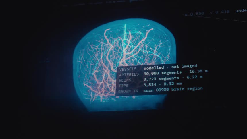 Futuristic digital brain scan showing the intricate network of blood vessels with a medical data overlay