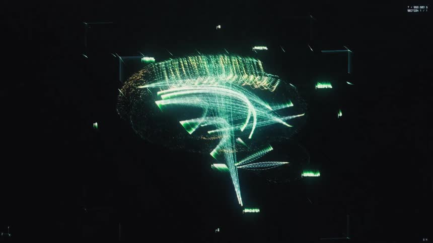 A futuristic heads-up display shows a detailed 3D visualization of a human brain, highlighting its complex neural pathways with glowing lines and glitch effects