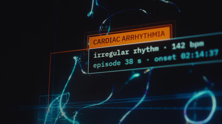 Close up of a futuristic medical screen displaying a diagnosis of cardiac arrhythmia and an irregular heartbeat