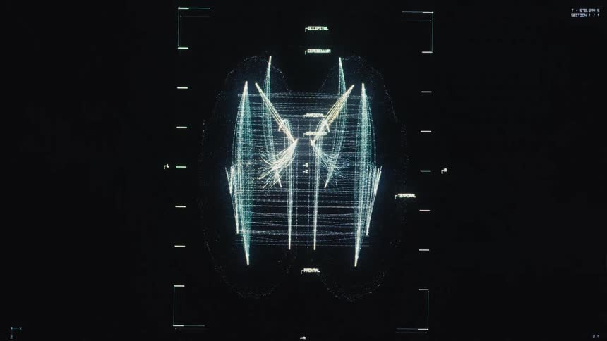 A scientific interface displays a complex 3D rendering of a human brain, analyzing neural network activity and data pathways with futuristic graphics